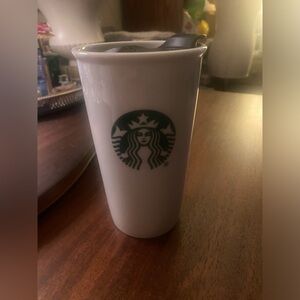 Starbucks White Ceramic Travel Mug with Green Logo, 10 oz, like new